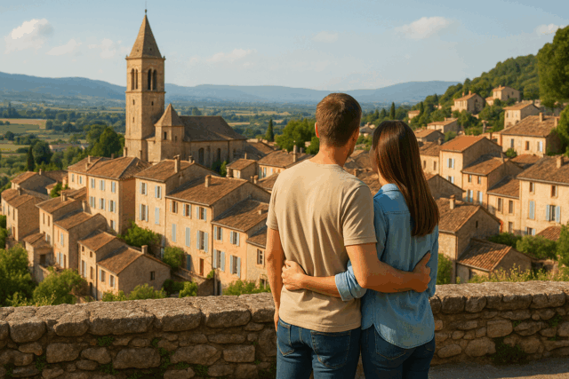 Een stel kijkt uit over een pittoresk Frans dorp met oude stenen huizen en een kerktoren, symbool voor een nieuwe start na een verhuizing naar Frankrijk met De Graaf Verhuizingen.